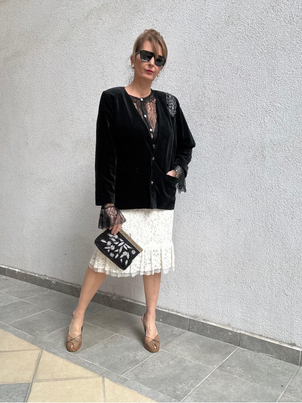 Vintage Siyah Kadife Tül Detaylı Ceket 