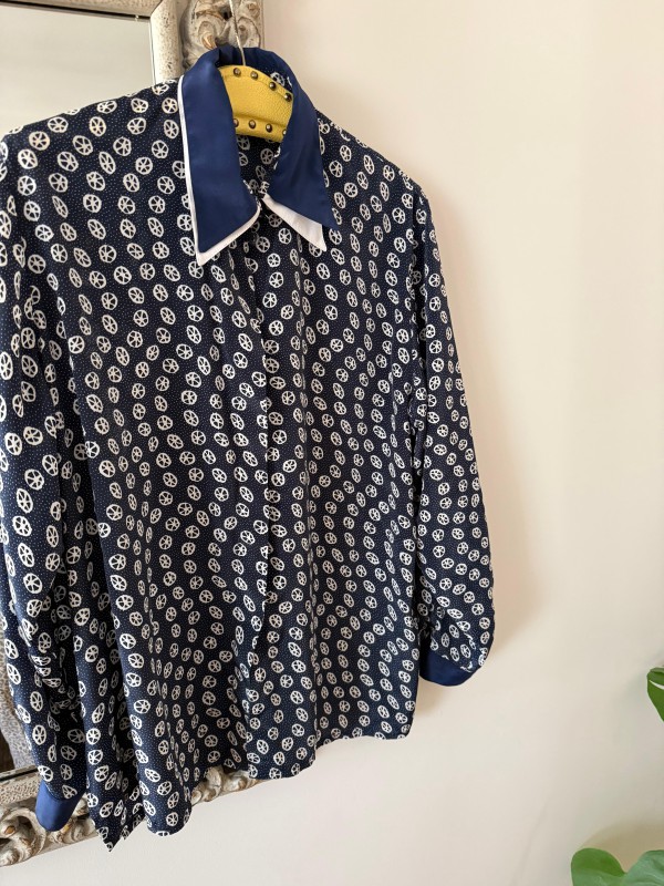 Vintage Çift Yakalı Lacivert-Beyaz Gömlek 