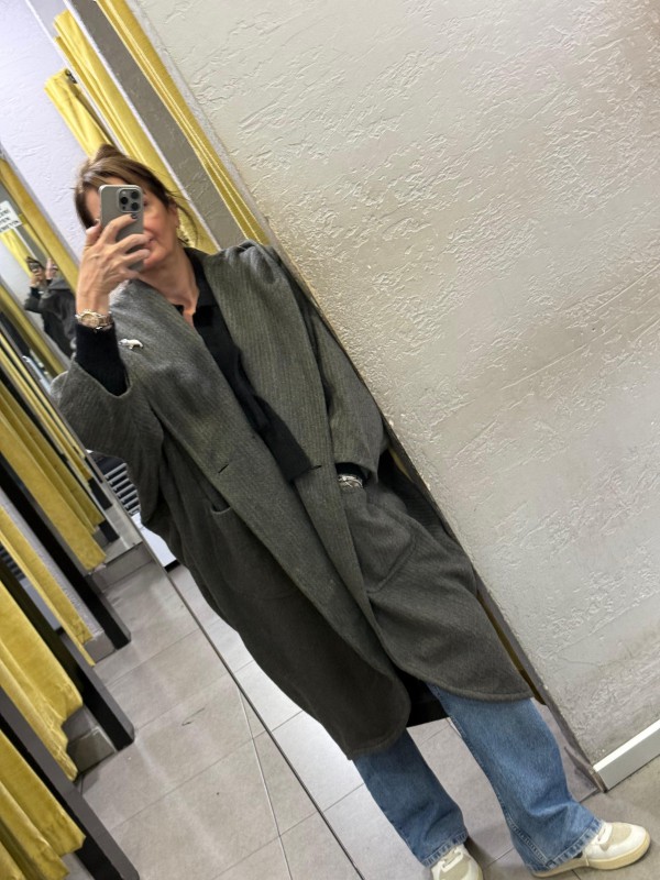 Vintage Haki Çizgili  Yün Kapüşonlu Kaban 