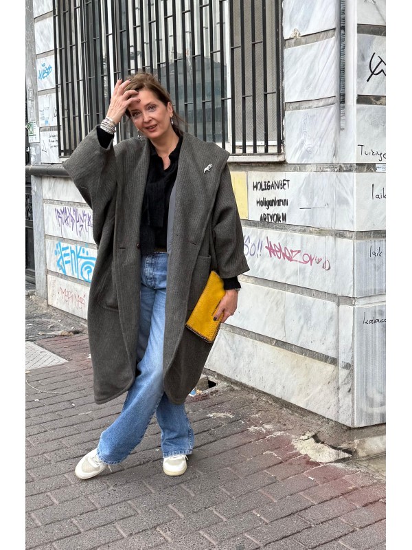 Vintage Haki Çizgili  Yün Kapüşonlu Kaban 