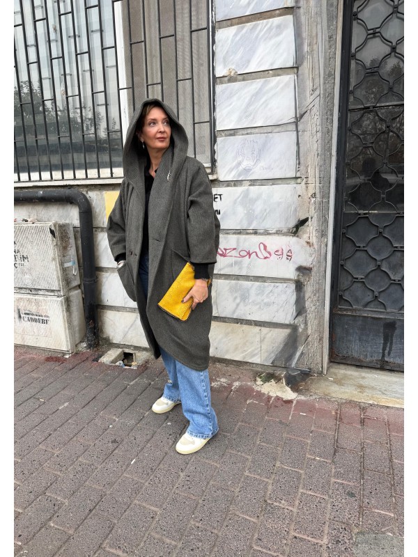 Vintage Haki Çizgili  Yün Kapüşonlu Kaban 