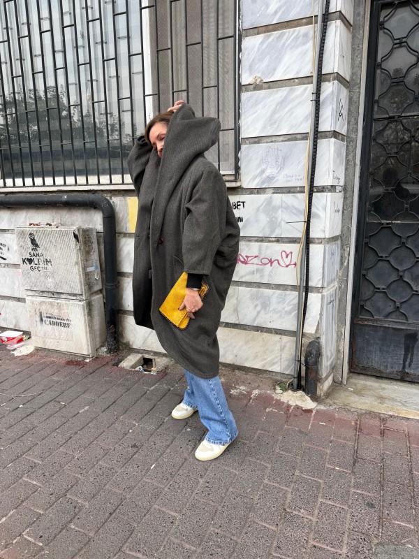 Vintage Haki Çizgili  Yün Kapüşonlu Kaban 