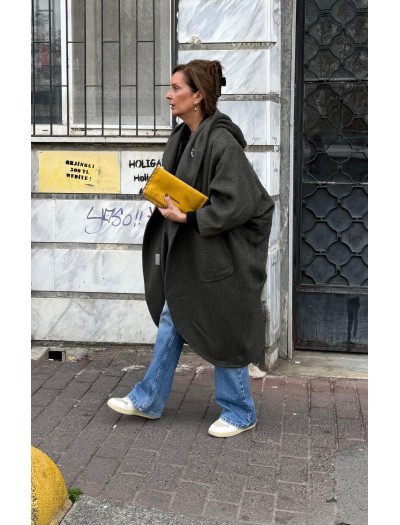 Vintage Haki Çizgili Yün Kapüşonlu Kaban Vintage Haki Çizgili Yün Kapüşonlu Kaban