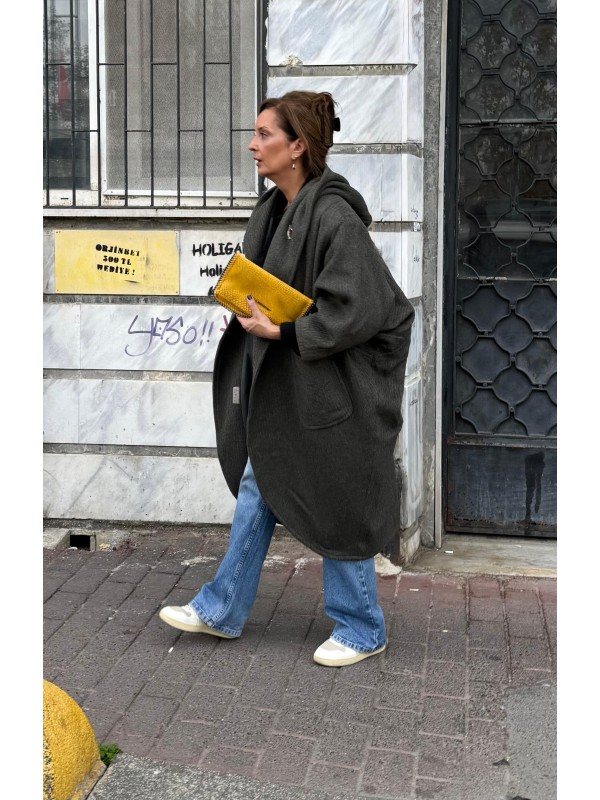 Vintage Haki Çizgili  Yün Kapüşonlu Kaban 