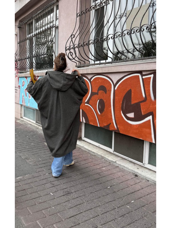 Vintage Haki Çizgili  Yün Kapüşonlu Kaban 