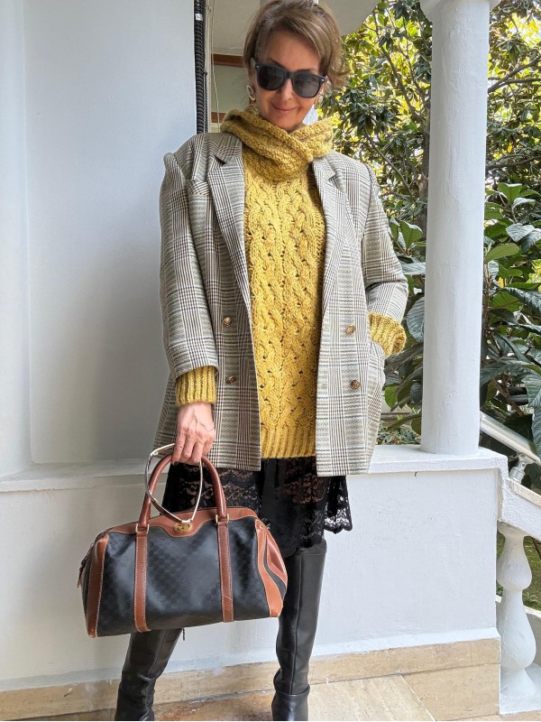 Vintage Kruvaze Gold Düğmeli Ekose Blazer