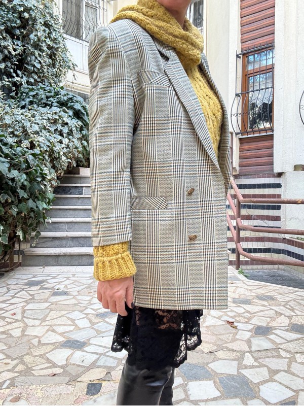 Vintage Kruvaze Gold Düğmeli Ekose Blazer