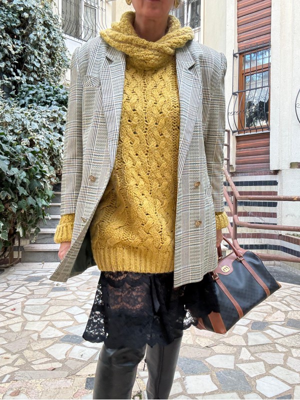 Vintage Kruvaze Gold Düğmeli Ekose Blazer