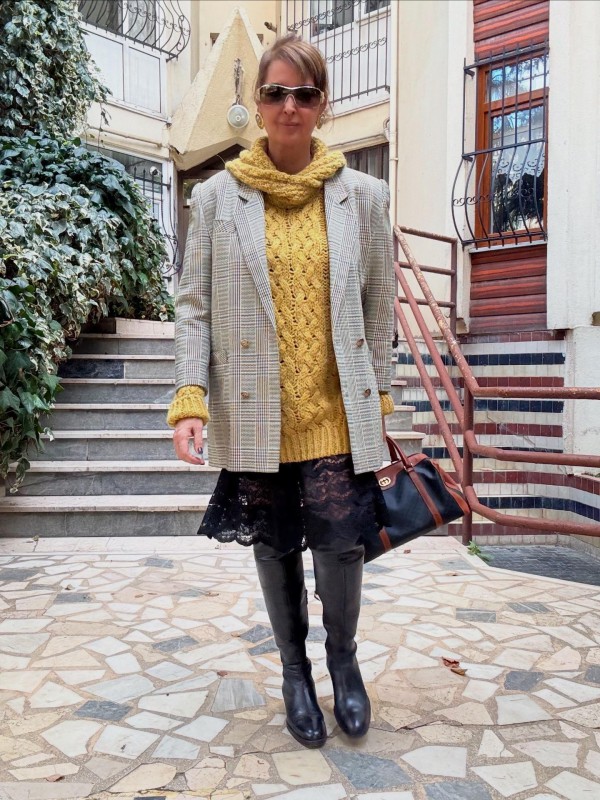 Vintage Kruvaze Gold Düğmeli Ekose Blazer