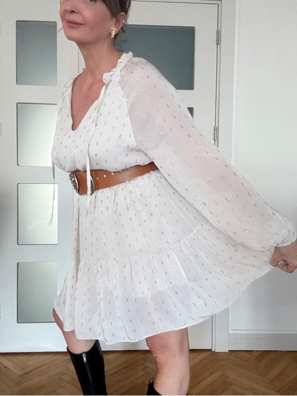 Tüzün Beyaz Gold Baskılı Elbise 