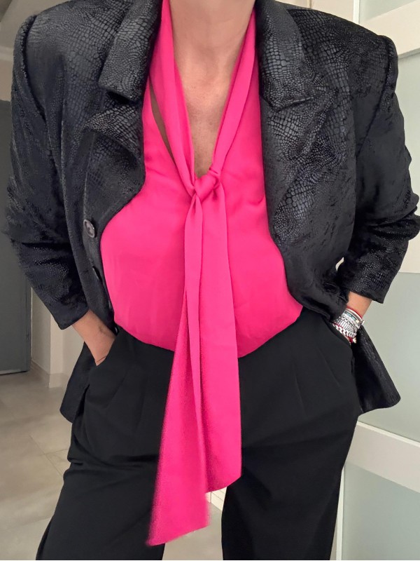 Vintage Fuşya Fularlı Saten Bluz