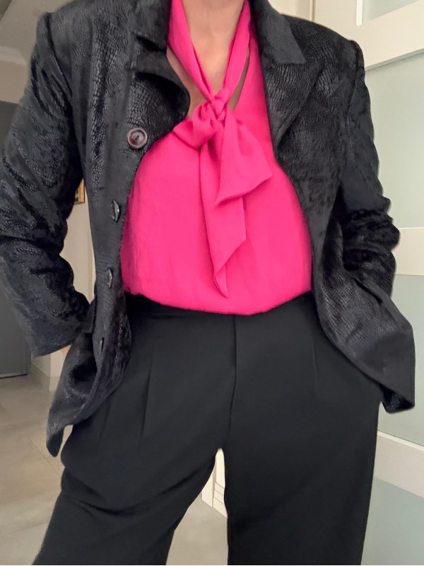 Vintage Fuşya Fularlı Saten Bluz