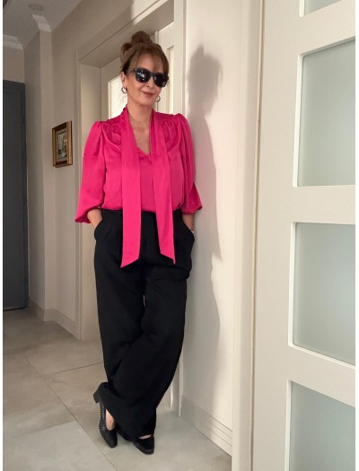 Vintage Fuşya Fularlı Saten Bluz