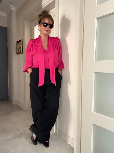 Vintage Fuşya Fularlı Saten Bluz