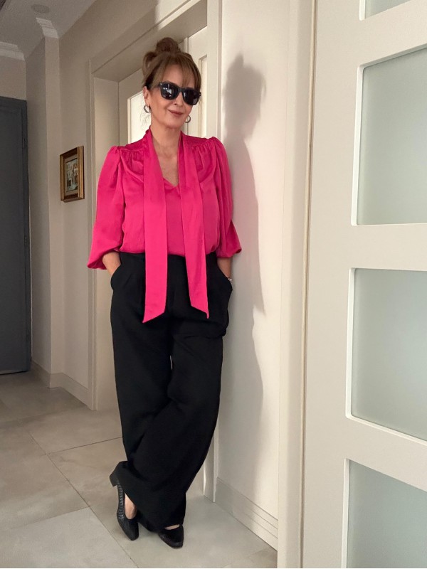 Vintage Fuşya Fularlı Saten Bluz