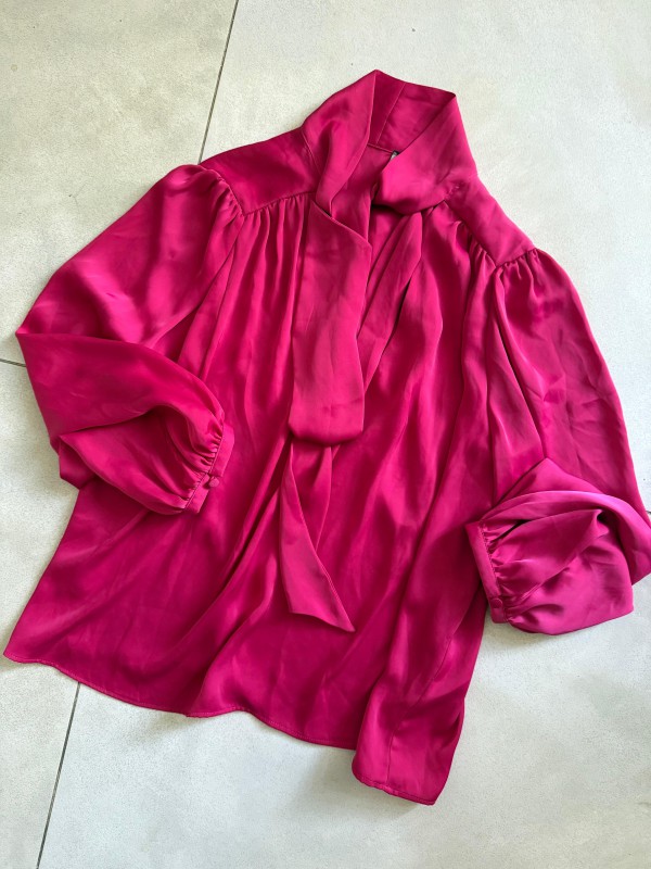 Vintage Fuşya Fularlı Saten Bluz