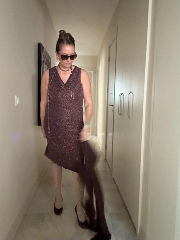 Vintage Kahverengi Simli Asimetrik Elbise 