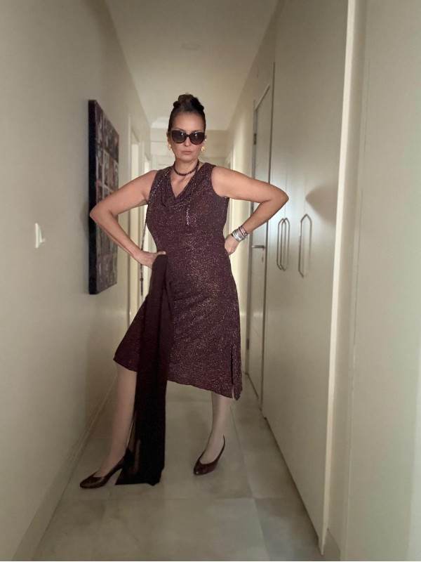 Vintage Kahverengi Simli Asimetrik Elbise 