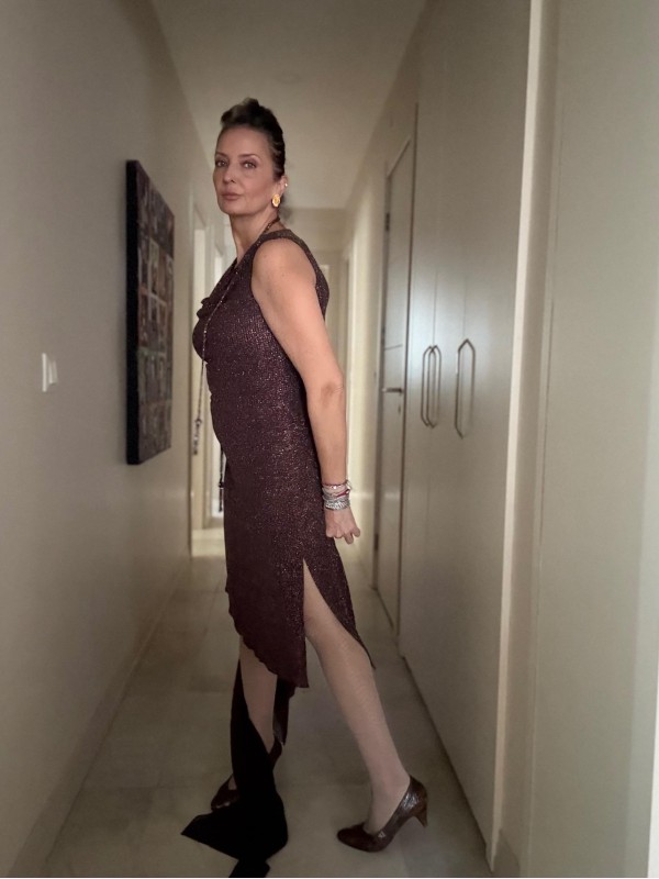 Vintage Kahverengi Simli Asimetrik Elbise 