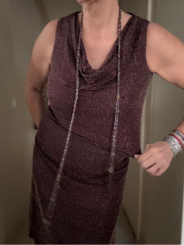 Vintage Kahverengi Simli Asimetrik Elbise 