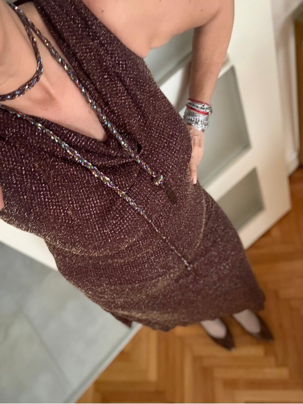 Vintage Kahverengi Simli Asimetrik Elbise 