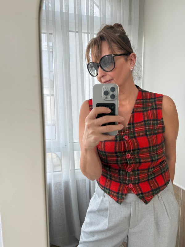 Vintage Kırmızı Tartan Made in Germany Yelek 