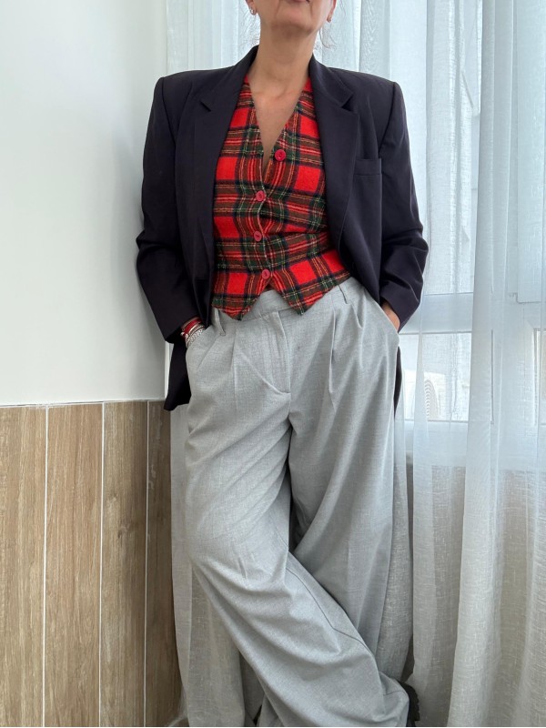 Vintage Kırmızı Tartan Made in Germany Yelek 