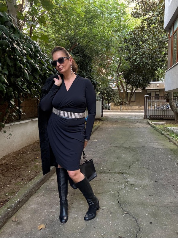 Vintage Siyah Jarse Made in Italy Elbise 