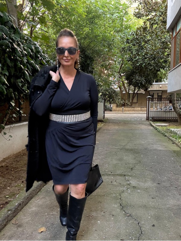 Vintage Siyah Jarse Made in Italy Elbise 