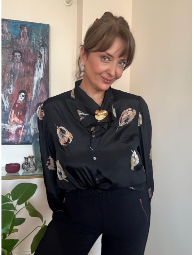 Vintage Gold Yaprak Baskılı Siyah Gömlek