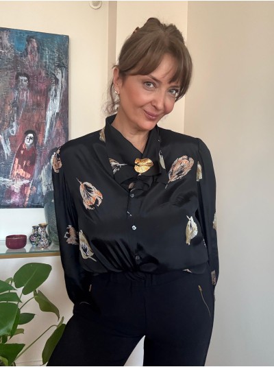 Vintage Gold Yaprak Baskılı Siyah Gömlek