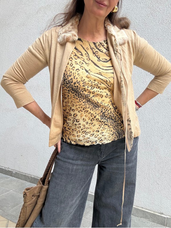 Vintage Leopar Kısa Kollu Tül Bluz 