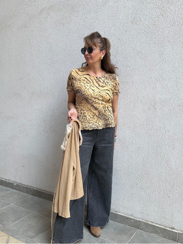 Vintage Leopar Kısa Kollu Tül Bluz 