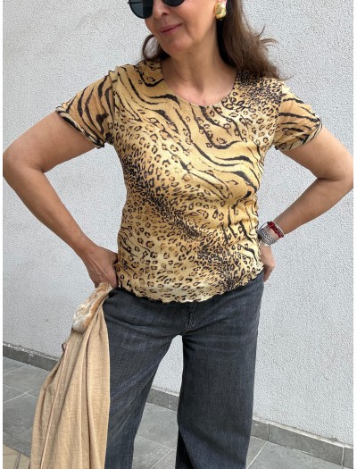 Vintage Leopar Kısa Kollu Tül Bluz 
