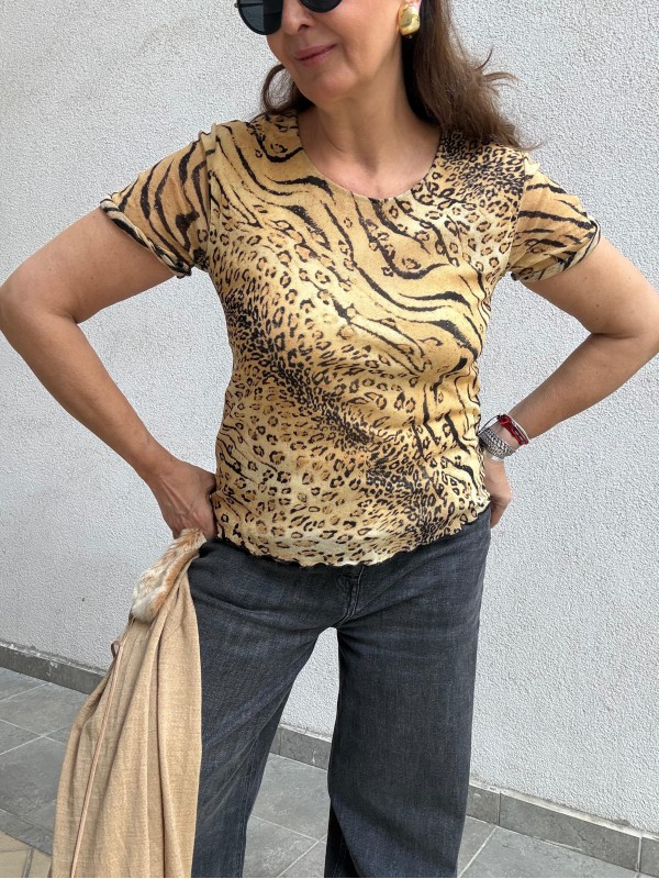 Vintage Leopar Kısa Kollu Tül Bluz 