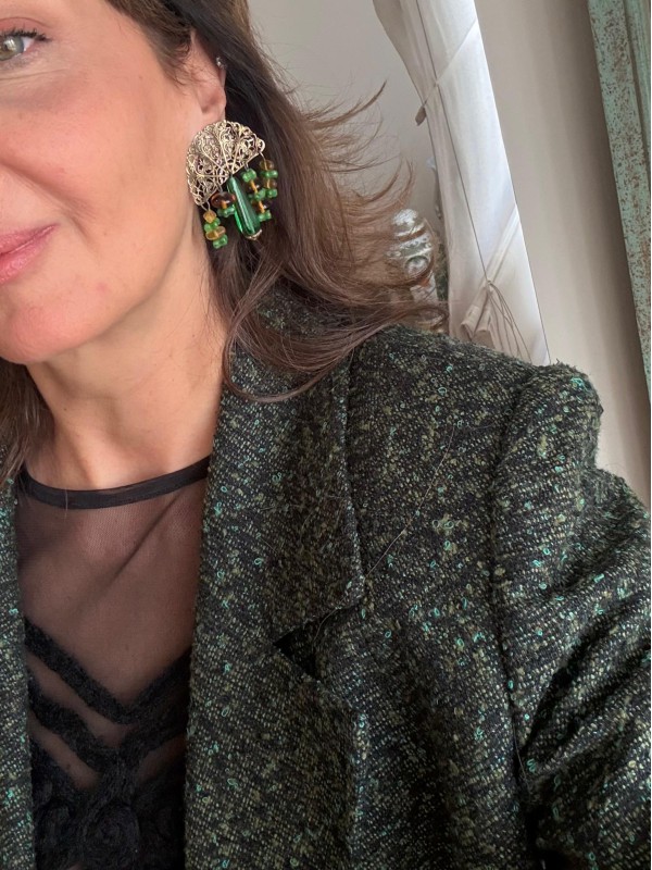 Vintage Doğal Taşlı Yelpaze Küpe