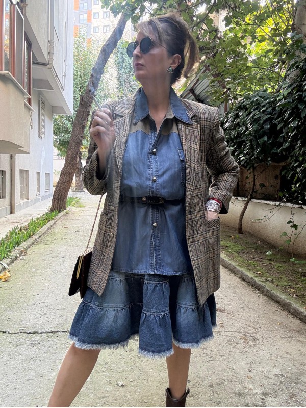 Vintage Çift düğmeli Ekose Ceket