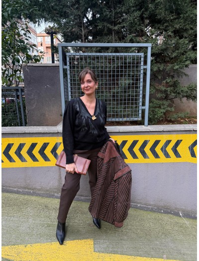 Vintage Deri Detaylı Mohair Kazak