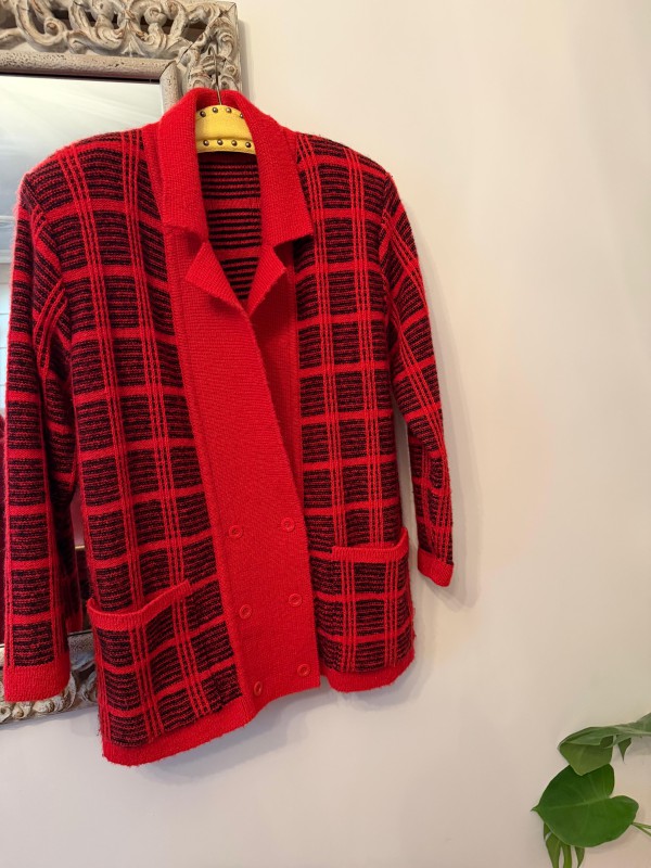 Vintage Kırmızı-Siyah Ekose Oversize Hırka 