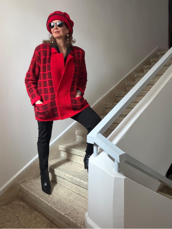 Vintage Kırmızı-Siyah Ekose Oversize Hırka 