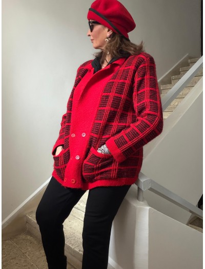 Vintage Kırmızı-Siyah Ekose Oversize Hırka 