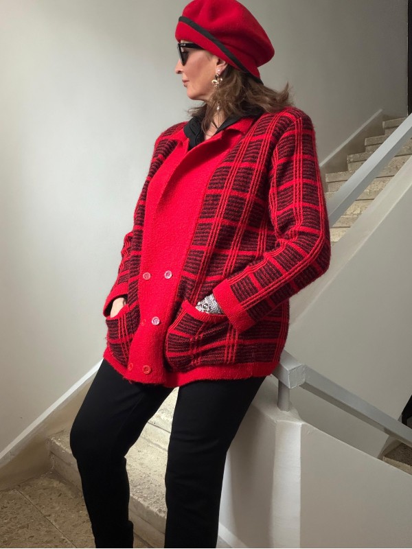 Vintage Kırmızı-Siyah Ekose Oversize Hırka 