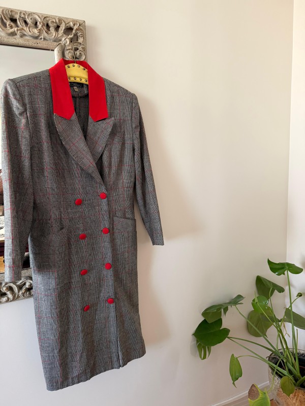 Vintage Gri-Kırmızı Ekose Ceket Elbise 