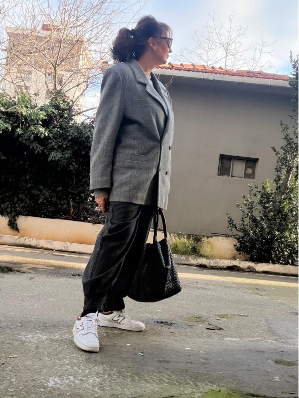 Vintage Gri Balıksırtı Kruvaze Blazer 