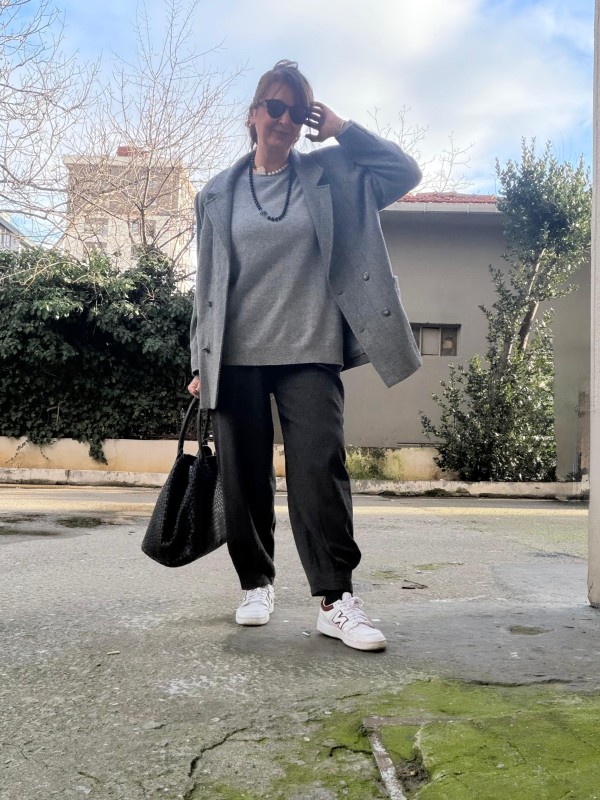 Vintage Gri Balıksırtı Kruvaze Blazer 