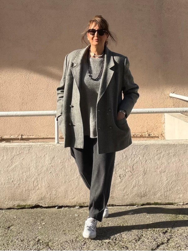 Vintage Gri Balıksırtı Kruvaze Blazer 