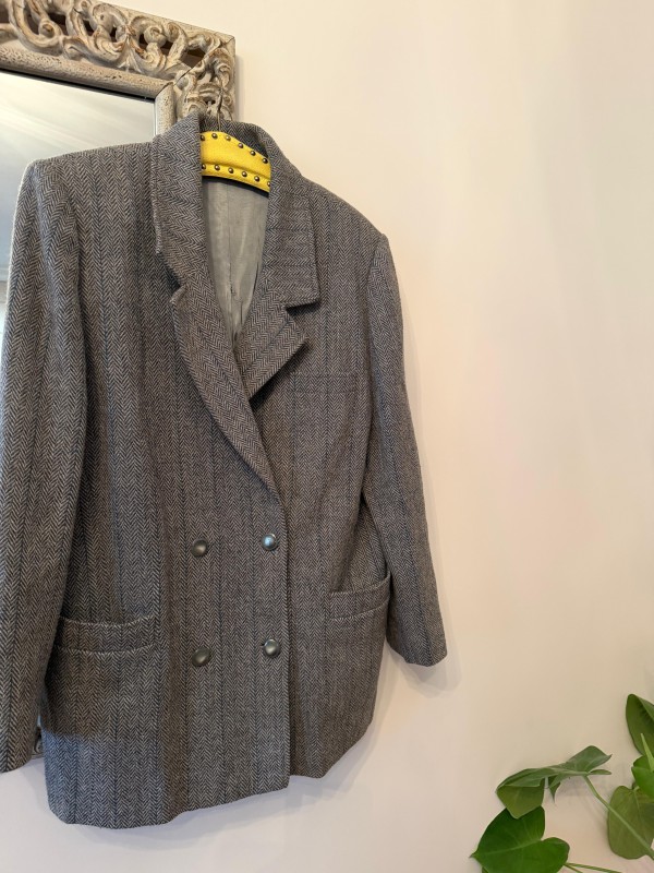 Vintage Gri Balıksırtı Kruvaze Blazer 