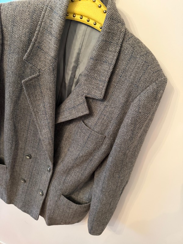 Vintage Gri Balıksırtı Kruvaze Blazer 