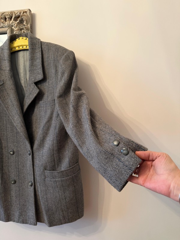 Vintage Gri Balıksırtı Kruvaze Blazer 