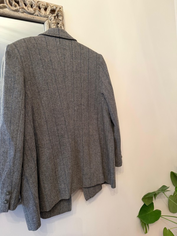 Vintage Gri Balıksırtı Kruvaze Blazer 